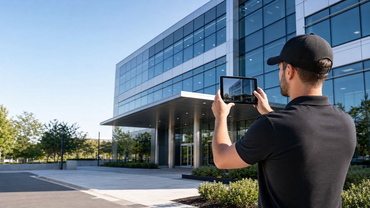 Field representative photo-documenting the exterior of a commercial office building with a tablet