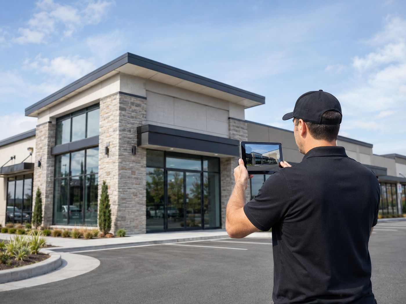 Field representative photographing the exterior of a commercial retail property